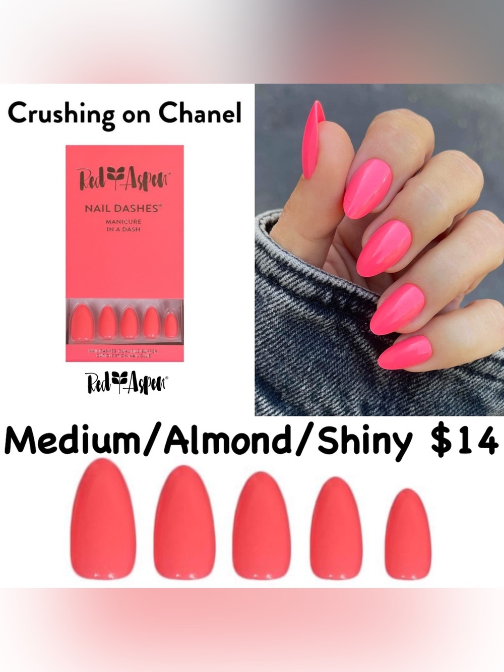 Red Aspen Medium Almond Shiny Press-On Nails - Bright Pink